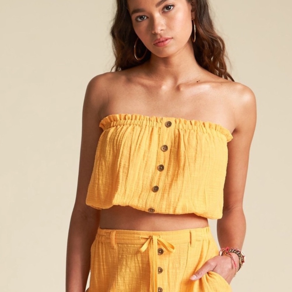 Billabong x Sincerely Jules Spring Days Mustard Button Down Strapless Tube Top